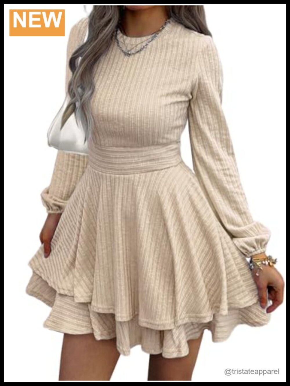 Lantern Sleeve Knit A-Line Mini Sweater Dress Ruffle Flare